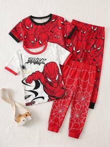 SHEIN 2pcs/Set Young Boy Red Pattern Casual Minimalist Tight-Fitting Comfortable Thick Short Sleeve Round Neck Pants Pajamas, Suitable For Spring/Summer - Red - View 5