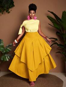 Maweii Plus Size Tie-Front Sleeveless Contrast Color Casual Romantic Dress - Yellow - View 5