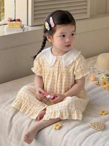 Vestido de manga corta con abertura frontal para bebé niña, 1 pieza, tela tejida, vestido casual de estilo lindo, estampado a cuadros, verano - Amarillo - Ver 4