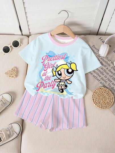 THE POWERPUFF GIRLS X SHEIN Cartoon Print T-Shirt & Striped Shorts 2pcs Set For Young Girls