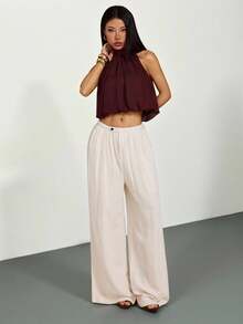 SHEIN PETITE Top corto con fruncido y escote halter de moda y sexy para mujer, adecuado para citas y festivales de música - Café integral - Ver 4