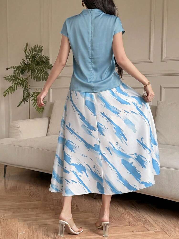 Women's Elegant Solid Color Draped Neck Top And Contrast Floral A-Line Skirt 2-Piece Set, Summer