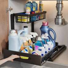 Estante de almacenamiento debajo del fregadero de material plástico de doble capa con cajones deslizantes - Solución de almacenamiento multifuncional para la cocina y el baño: Estante de almacenamiento debajo del fregadero y gabinete de almacenamiento en negro - Multicolor - Ver 9