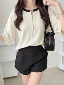 FRIFUL Women's Wavy Striped Loose Contrast Trim Short Sleeve T-Shirt, Summer Casual Wear - Apricot - View 5