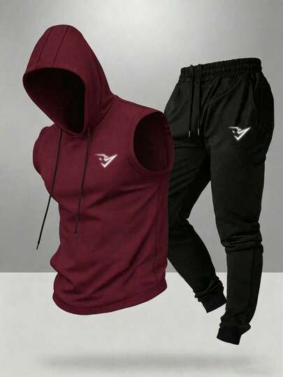 Manfinity Sport Corelite Men's Casual Graphic Print Drawstring Hoodie Vest And Pants Sports Suit, Summer