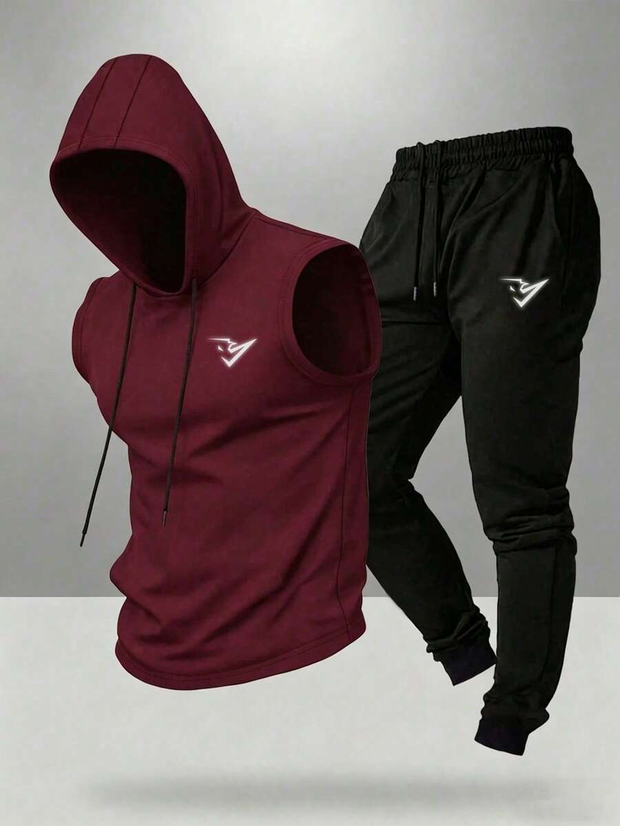 Gym Rark 男士休閒圖案印花抽繩連帽背心與長褲運動套裝,夏季,健身房 - 酒紅色 - View 1