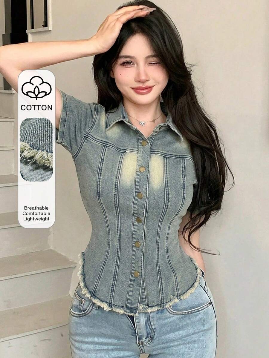 DAZY 复古水洗浅蓝色毛边拼接休闲甜美少女风修身宽松度假街头风轻薄户外短袖女式牛仔外套,适合春夏Y2K风格 - 淺色水洗藍 - 查看 1