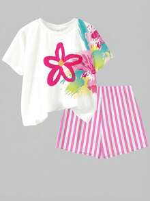 Bộ 2 món dành cho nữ tuổi teen, áo thun cổ tròn tay ngắn dáng rộng và quần short, thích hợp cho mùa xuân và mùa hè. - Nhiều màu - Xem 3