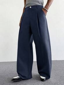 PAVTROS Pantalones anchos blancos para hombre, de corte holgado, pantalones versátiles y de moda - Azul Marino - Ver 4