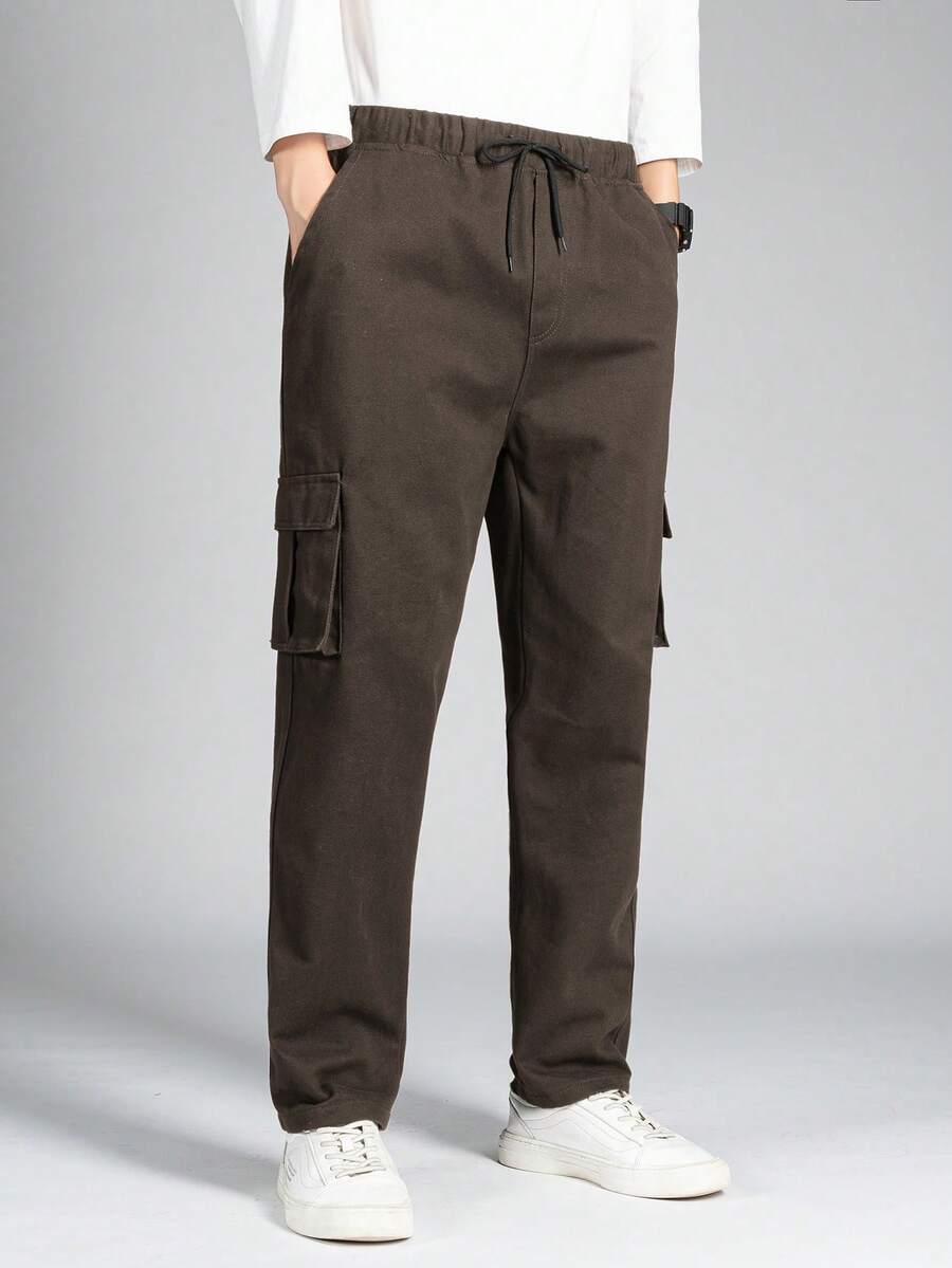 Manfinity Homme Men's Solid Color Drawstring Waist Pocket Casual Cargo Pants, Versatile For Daily Wear - Coffee Brown - View 1