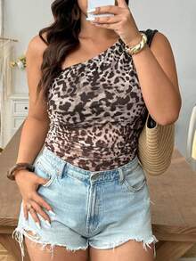 Elenzga Body de punto con estampado de leopardo sexy y retro americano para mujer de talla grande - Marrón - Ver 7