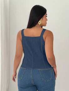 Elenzga Chaleco de mujer de talla grande con botones delanteros y cintura ceñida de unicolor - Azul - Ver 3