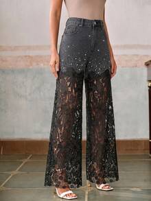 Anewsta Fashionable & Elegant Lace Rhinestone Embellished Denim Jeans - Black - View 5