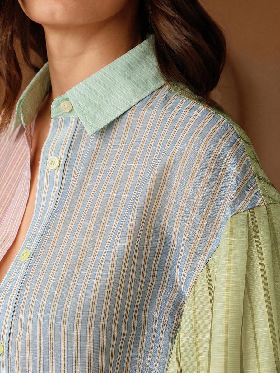 Anewsta Áo polo tay dài dáng phồng phối sọc nhiều màu sắc bất đối xứng phong cách Urban Chic Dopamine dành cho nữ. - Nhiều màu - Xem 1