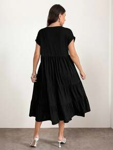 Enliva Vestido negro holgado de cuello en V para tallas grandes, para silueta de manzana y redondeada - Negro - Ver 2