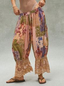 Bohemela Quần nữ dáng rộng, dệt họa tiết và phối ren tương phản, phong cách thường ngày. - Nhiều màu - Xem 4