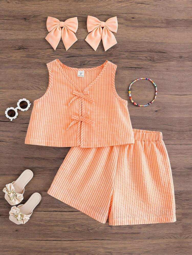 Cozy Pixies 2 piezas Conjunto de top tejido a rayas naranjas y shorts para niña bebé - Naranja - Añade 4