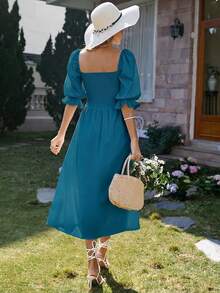 Aveloria Rosie Square Neck Shirred Detail Puff Sleeve A-Line Dress Vacation Outfits Woman  - Teal Blue - View 2