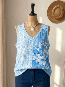 Rusticease Plus Size Summer Casual Leopard Floral Print Tank Top Country Style For Women Vacation Outfits Holiday Formal Light Blue - Blue - View 6