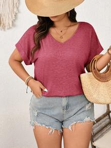 SHEIN Frenchy Plus Size Women's V-Neck T-Shirt With Lace Sunflower Patchwork Back - Watermelon Pink - View 4