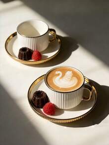 1/6 Set Gold Rim Embossed Ceramic Coffee Cup (Cup + Saucer) Luxury Coffee Cup & Saucer Set/Mug, High-End Exquisite Tableware, Ideal For Afternoon Tea. This Elegant Coffee Cup Is Perfect For Serving Cappuccino. - Multicolor - View 5