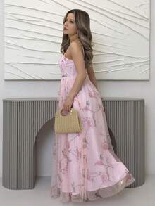 Jemour Vestido largo elegante con estampado floral de rosas sin mangas con corte evasé y ribete de volantes, vestido maxi de gasa romántico para primavera/verano y resort, estilo favorecedora para fiestas - Rosa - Ver 3