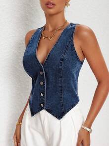 Selenza Chaqueta informal de mezclilla con cuello en V y abotonadura sencilla para mujer, primavera y verano - Azul lavado oscuro - Ver 6