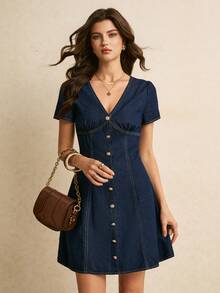 Poéselle Women's Casual Front Button V-Neck Short Sleeve Denim Mini Dress, Autumn Dress, Outfits, Navy Blue Button, Casual,Elegant Dress, Holiday Dress. Date - Black - View 7