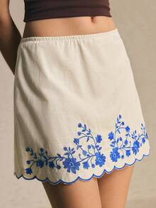 Poéselle 女款休閒波西米亞風花卉刺繡A字裙，100%純棉短褲，夏季海灘藍灰色 - 杏色 - 查看 10