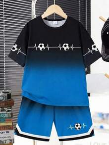 Bộ 2 món gồm áo thun thể thao tay ngắn cổ tròn in hình quả bóng đá màu xanh ombre và quần short có túi dành cho thiếu niên nam. - Nhiều màu - Xem 4
