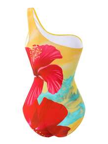 Swim Oasis 新款女士印花不对称肩部连体泳衣，波西米亚风，适合海滩度假，春夏款 - 彩色 - 查看 5