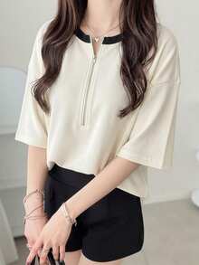 FRIFUL Women's Wavy Striped Loose Contrast Trim Short Sleeve T-Shirt, Summer Casual Wear - Apricot - View 2