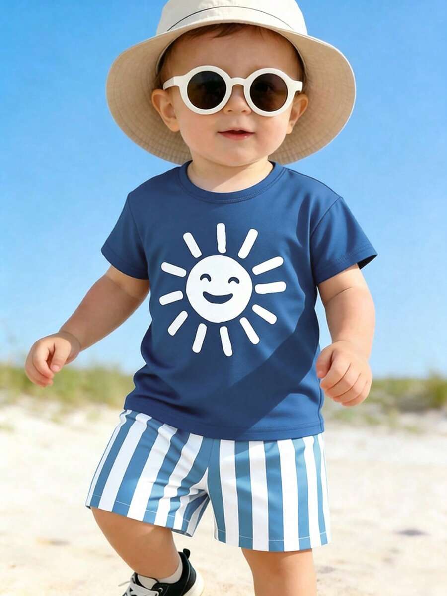 SHEIN Playful Pals 2件套男婴休闲简约太阳脸Logo印花T恤和条纹Logo印花短裤套装，适合夏季外出穿着 - 彩色 - 查看 1