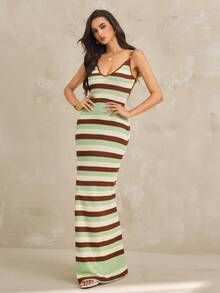 SHEIN Tall Đầm dệt kim móc mới cho nữ mùa xuân/hè, đầm nghỉ mát kiểu bohemian kẻ sọc hở lưng chéo, đầm thanh lịch dành cho quý cô. - Nhiều màu - Xem 4