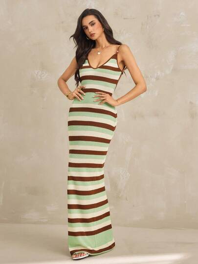 SHEIN Tall Women's Spring/Summer New Knitted Crochet Dress, Criss-Cross Backless Striped Bohemian Vacation Dress, Elegant Dress For Ladies