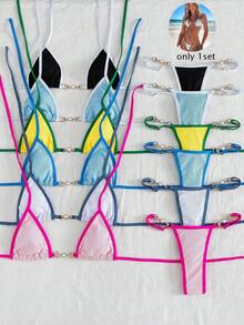Swim Vcay Swimsuits For Woman Summer Beach Rib Binding Trim Halter Micro Triangle Bikini - White - View 5