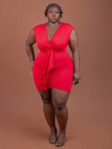 CurvyTilda Vestido sólido de color rosa elegante, para fiesta y citas con ajuste ceñido, detalles de cintura fruncida y cinturón anudado, longitud mini, para primavera/verano, talla grande - Rojo - Ver 5
