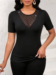 Lady Blusa casual de mujer de manga corta con panel de malla y cuello redondo con estampado de leopardo, camiseta de manga corta para uso diario - Negro - Ver 6