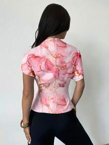 Firerie Crinkle Collar Asymmetrical Sleeve Side Ruched Cinched Waist Commuter Pink Marble Print Blouse For Women, All Season,Summer Top - Pink - View 7