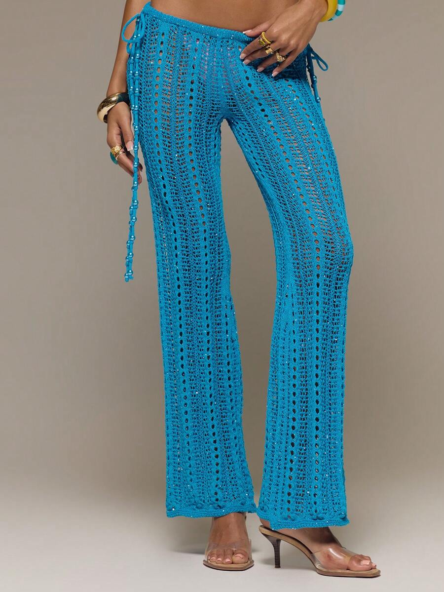 MUSERA Pantalones rectos de pierna con lazo lateral, de punto con lentejuelas, para vacaciones de verano, festivales, raves, playa y carnaval - Azul - Ver 1