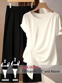 SHEIN Tall CURVE 加大码圆领短袖休闲打结两件套，夏季 - 紅木色 - 查看 9