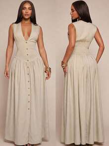 SHEIN Tall CURVE Đầm mùa hè cỡ lớn, kiểu dáng tối giản, cổ chữ V sâu, cài cúc phía trước, không tay. - Màu be - Xem 10