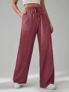 SHEIN Tall CURVE Quần dài nữ cỡ lớn, màu trơn, cạp chun co giãn. - Màu đỏ tím - Xem 7
