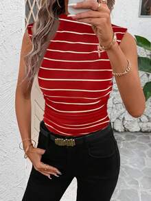 SHEIN Clasi 女士夏季休闲度假通勤条纹印花褶皱修身吊带背心 - 紅白色 - 查看 6