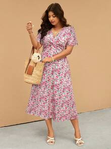 Elaquor Vestido elegante de manga corta con estampado floral para mujer de talla grande - Multicolor - Ver 3