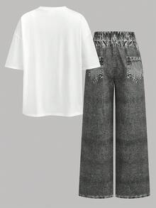 SHEIN Girlism 青少年女孩 2件/套 黑白配色夏季 Y2K 度假返校風 星星圖案針織寬鬆T恤與牛仔效果印花寬鬆工裝褲套裝 - 黑與白 - 查看 2