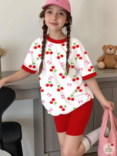 Conjunto de camiseta de manga corta con cuello redondo y estampado de lunares y cerezas, y leggings, estilo retro de vacaciones casual para niñas preadolescentes, adecuado para primavera/verano