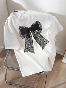 SHEIN EZwear 100%純棉女款休閒寬鬆圓領T恤，蝴蝶結裝飾，女款休閒夏季上衣 - 白色 - 查看 4