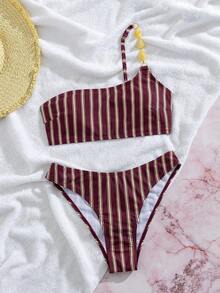 Swim Mod Bộ bikini nữ họa tiết sọc, lệch vai, đính hạt cườm, kiểu dáng thanh lịch, thích hợp cho bãi biển, lễ hội âm nhạc, mùa xuân/hè. - Nhiều màu - Xem 5