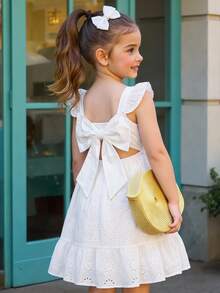 SHEIN 1 pieza Vestido con diseño de lazo dulce y lindo para niñas, vestido de playa con mangas de estilo francés, adecuado para fiestas y uso en verano - Blanco - Ver 2